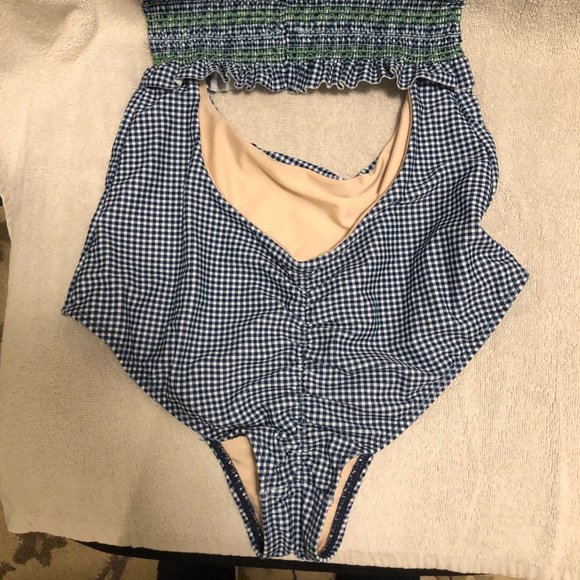 One-piece swimsuit - strapless blue gingham - Picture 2 of 2